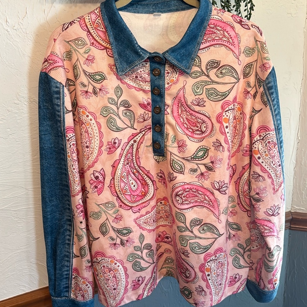 Large Cherry Betty printed denim and paisley polyester top.